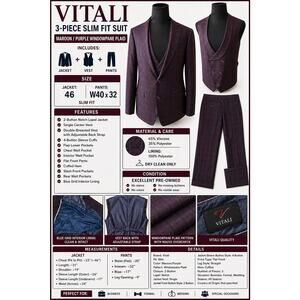 Vitali Mens 3-Piece Suit 46 Slim Maroon Plaid Windowpane Jacket Vest Pants W40